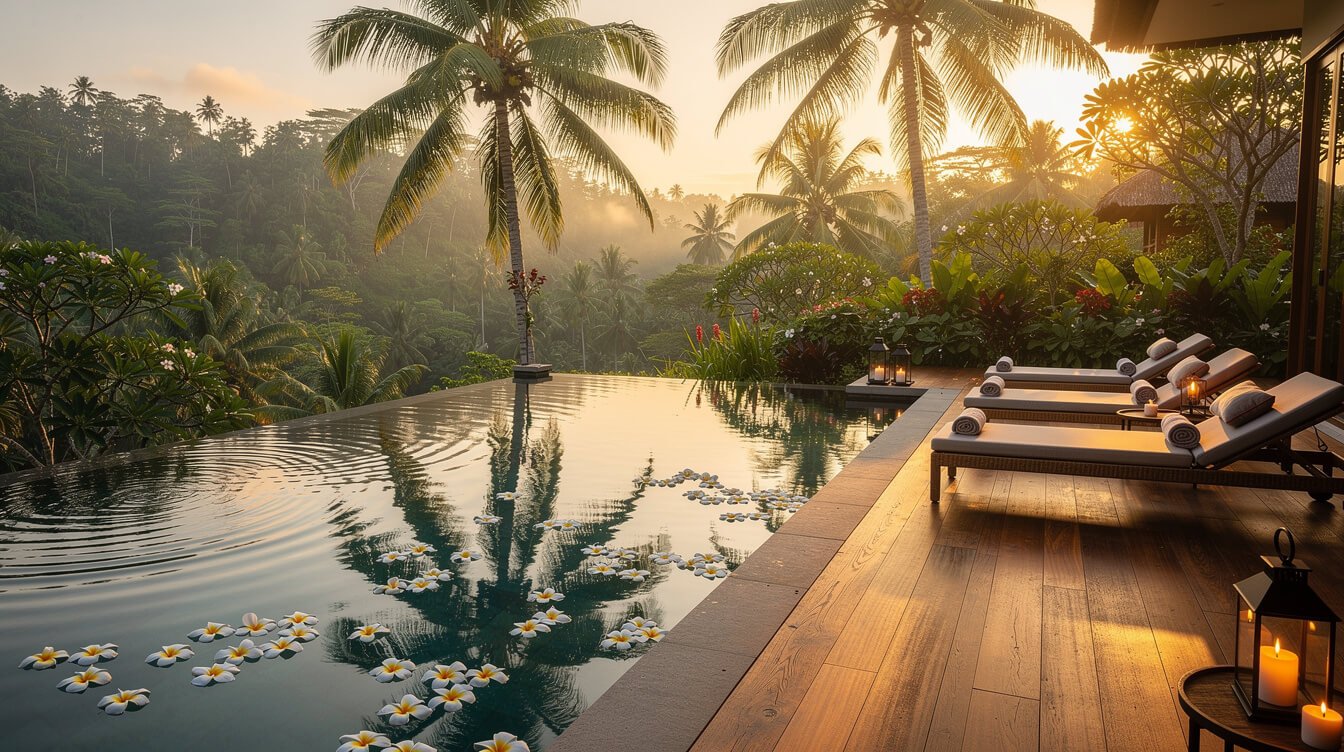 Villa Amrita infinity pool with frangipani flowers at golden hour