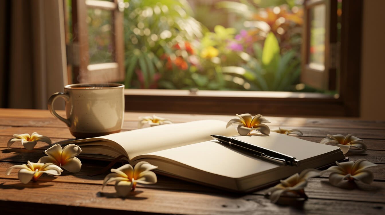 Open notebook with frangipani petals and tropical garden view