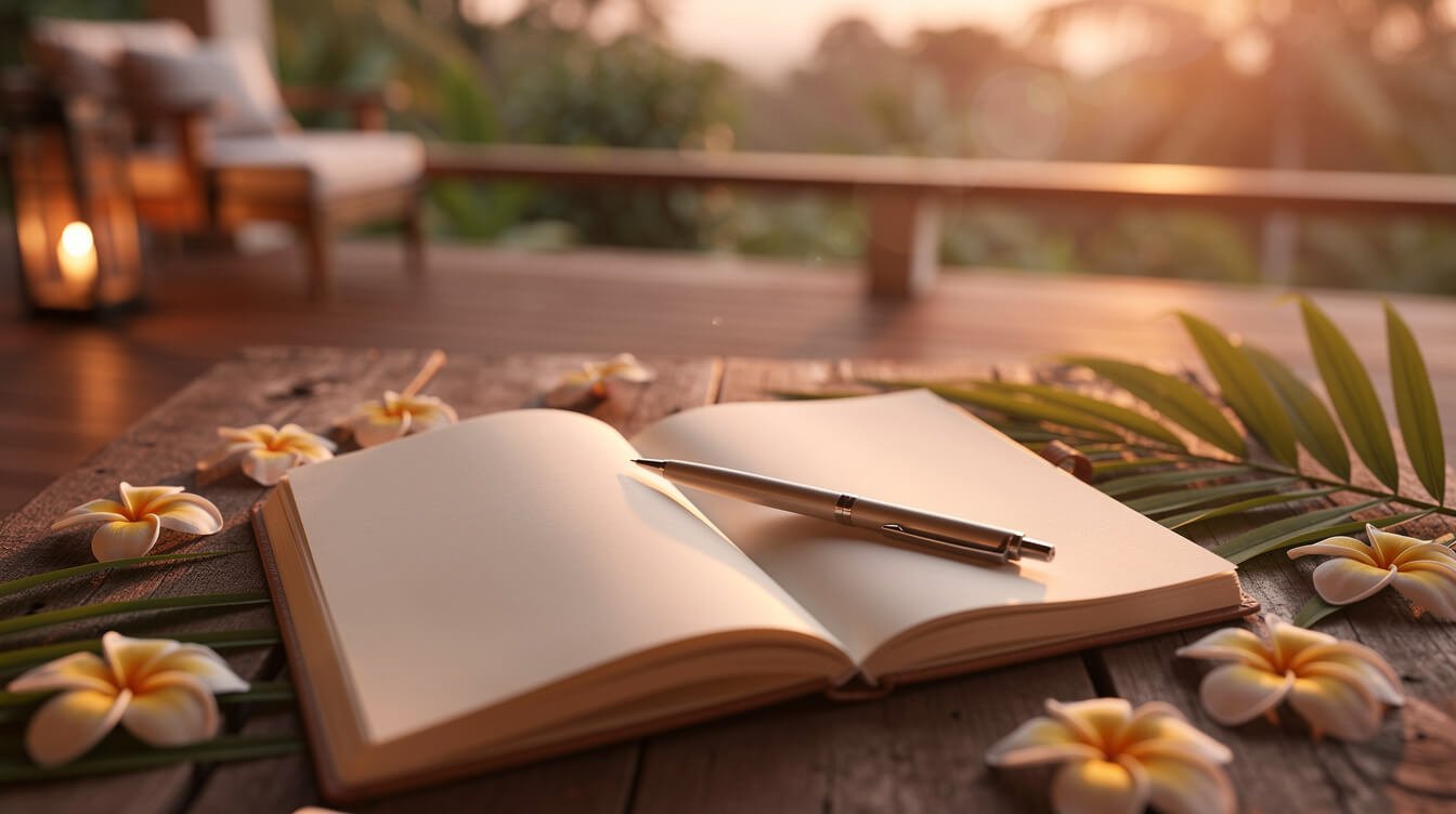 Notebook on wooden table with tropical leaves and frangipani petals