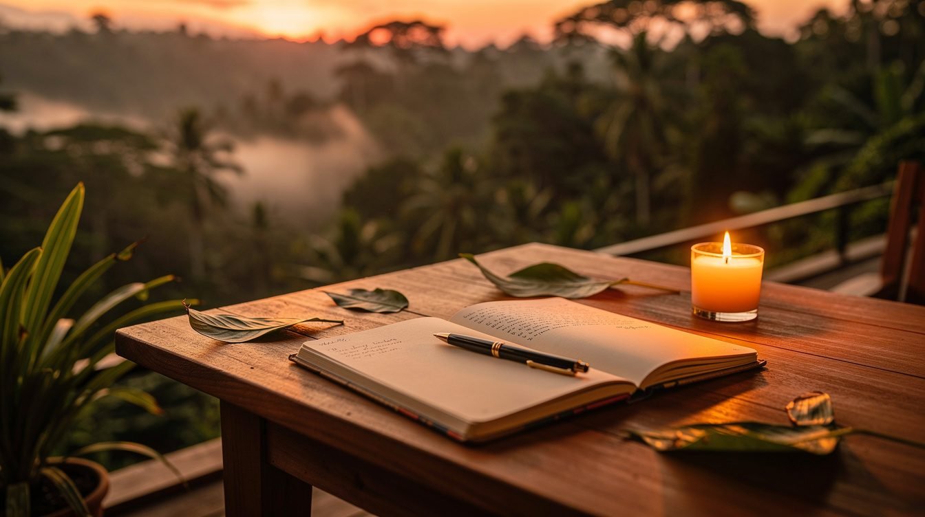 Evening notebook and candlelight on tropical deck