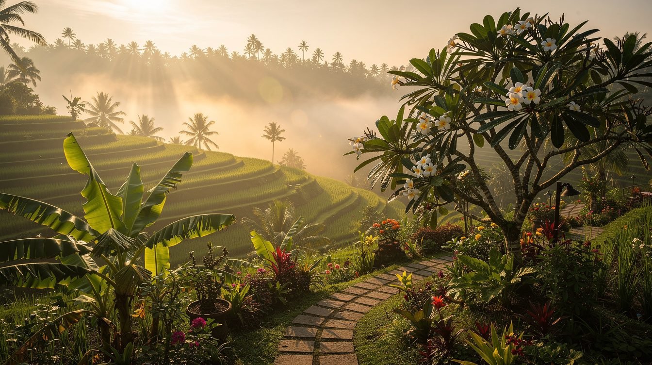 Warm misty Ubud morning rice terrace scene