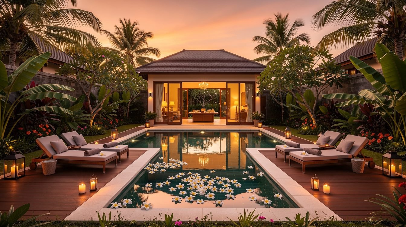 Luxury Bali villa pool deck at golden hour