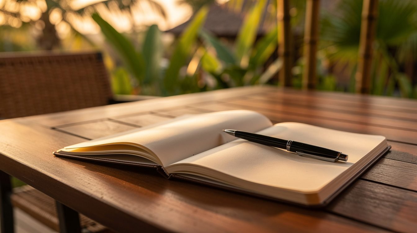 Open notebook on tropical terrace with bamboo in background