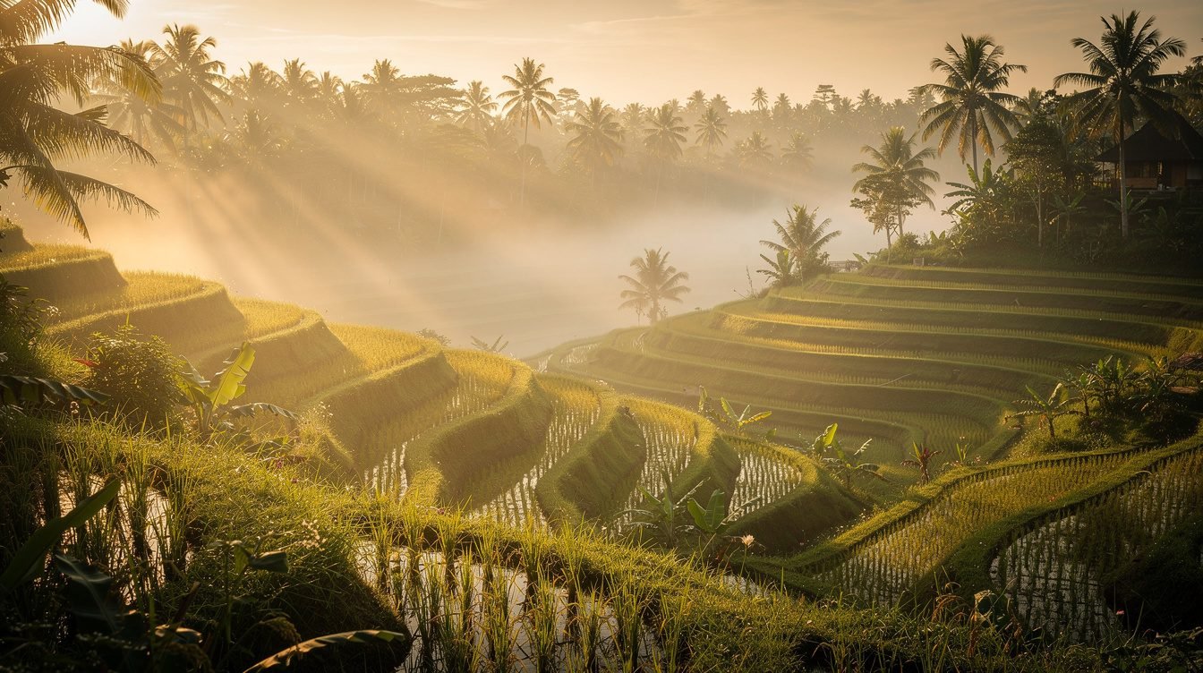 Misty Ubud rice terraces at dawn