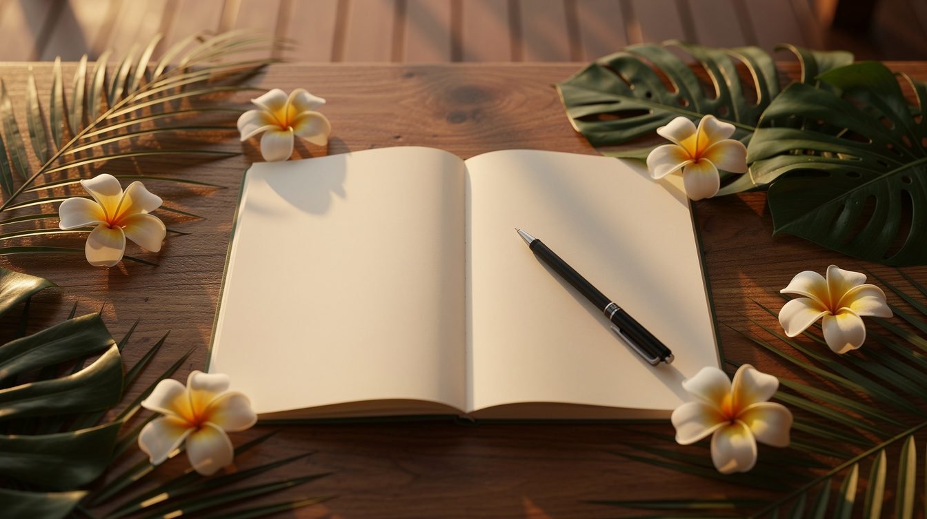 Notebook and frangipani on a warm wooden table