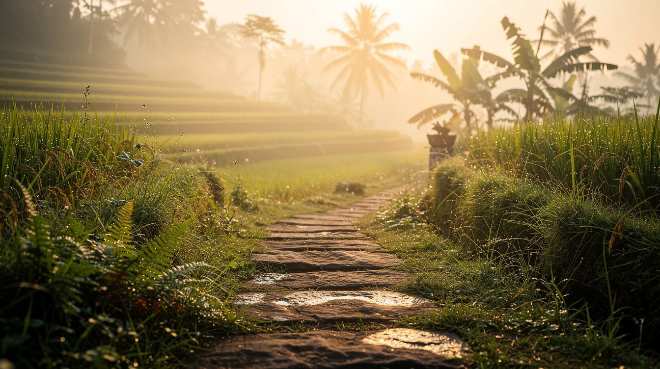 Misty morning Ubud rice terraces stone path