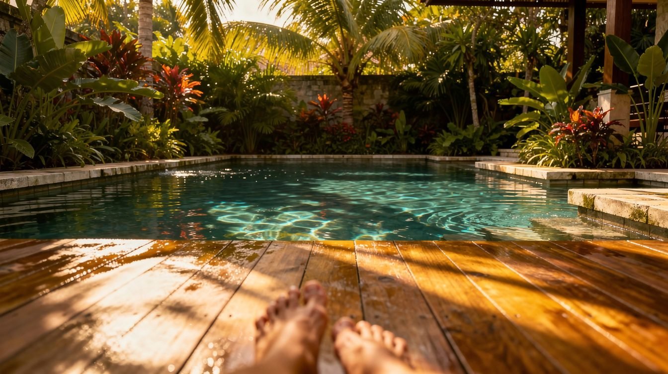 Warm teak pool deck at a Bali villa