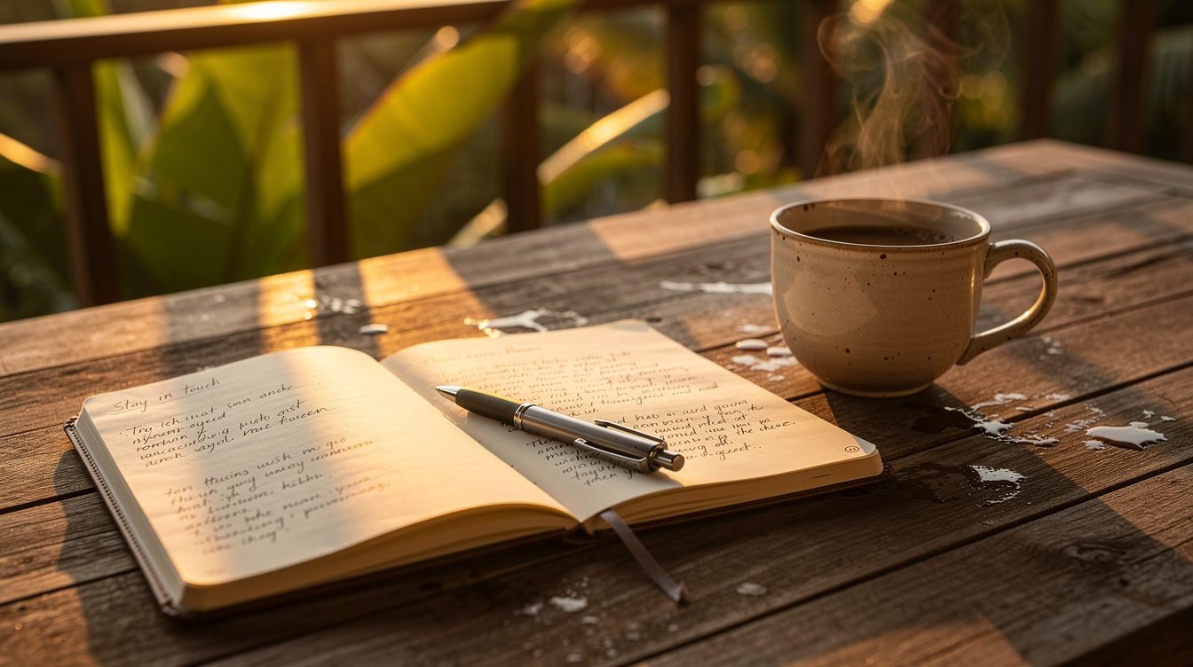 Notebook and Balinese coffee on weathered teak table