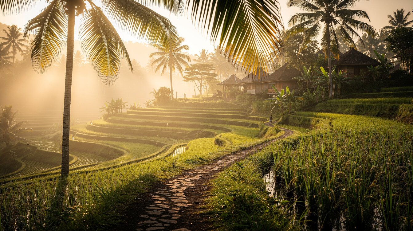 Misty Ubud rice terraces at dawn with winding village path