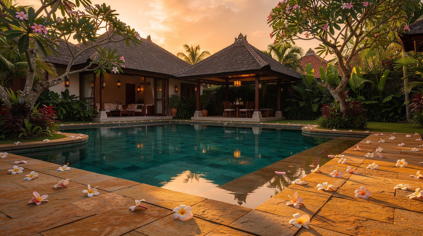 Villa Amrita pool at golden hour with tropical garden