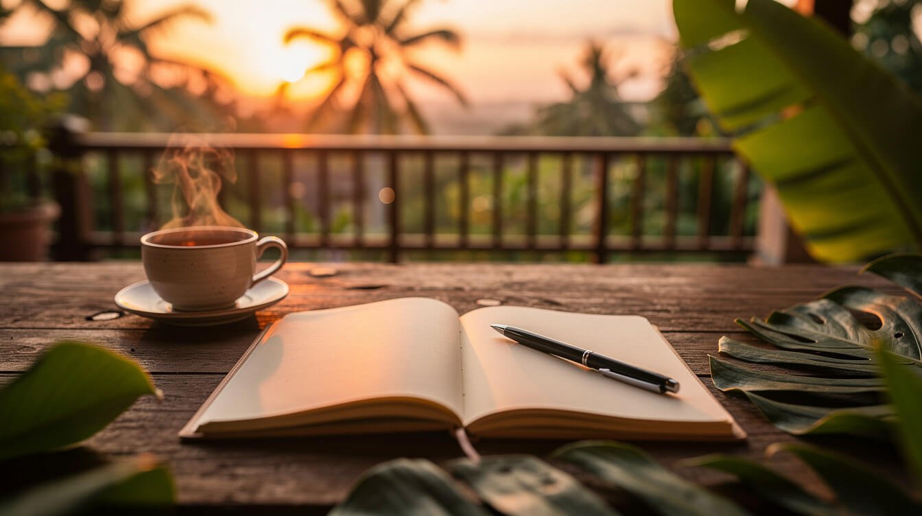 Open notebook with pen on wooden table surrounded by tropical leaves