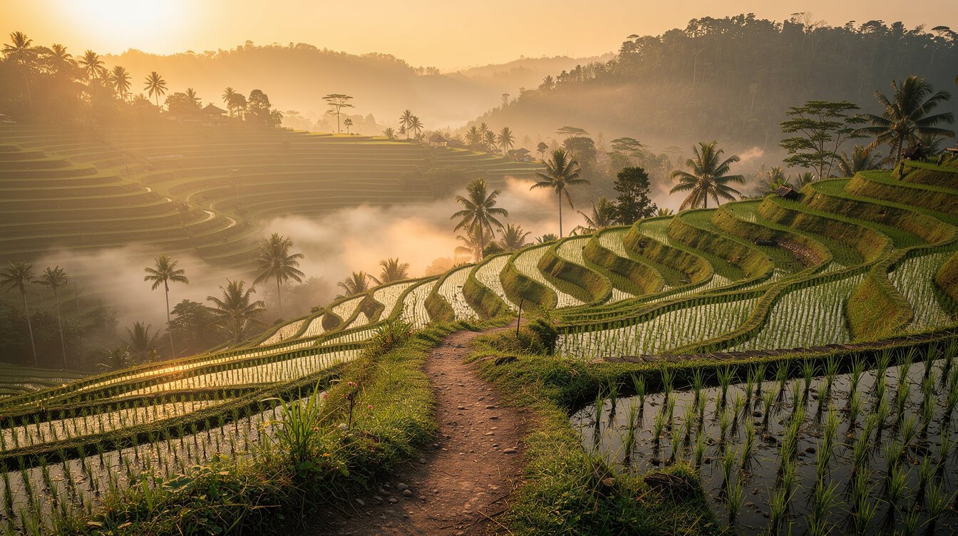 Misty sunrise over Ubud rice terraces