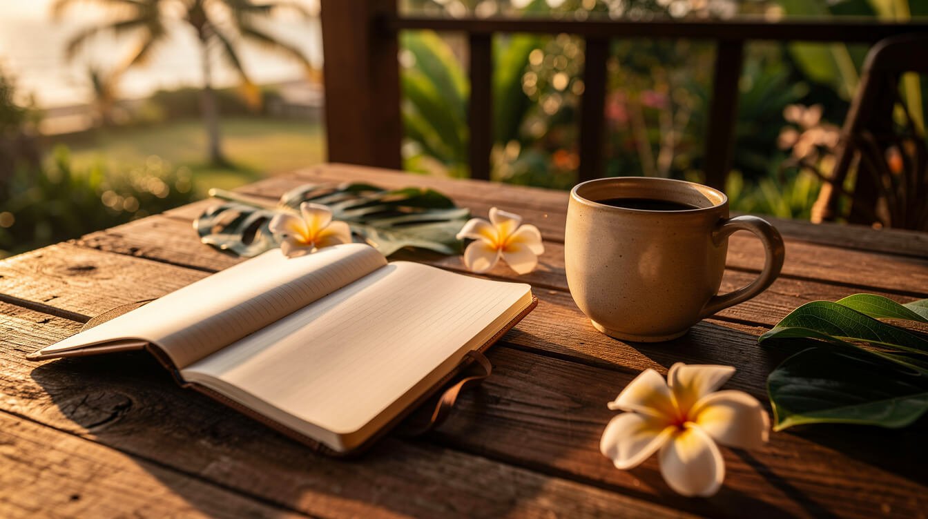 Notebook and coffee on tropical villa veranda