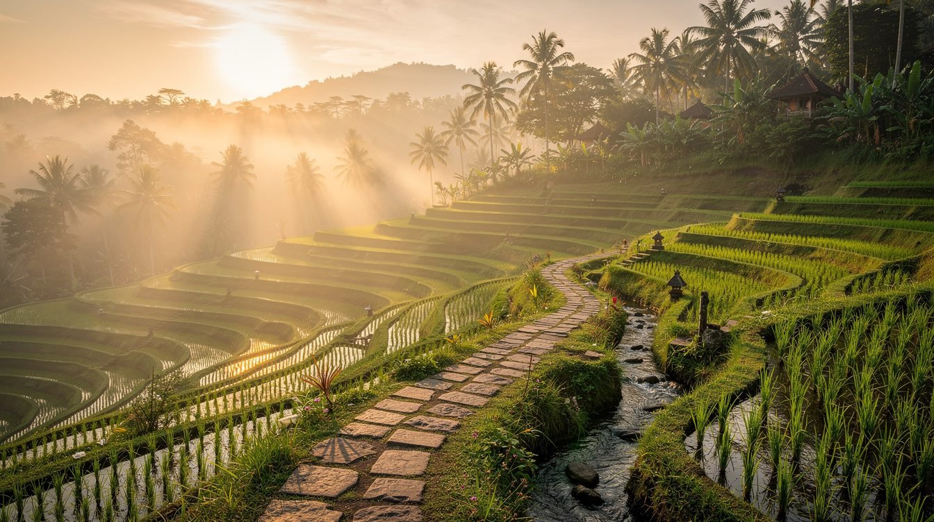 Warm misty Ubud morning rice terrace scene