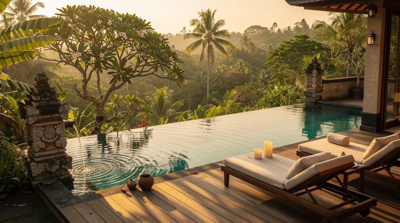 Villa Amrita pool deck at golden hour