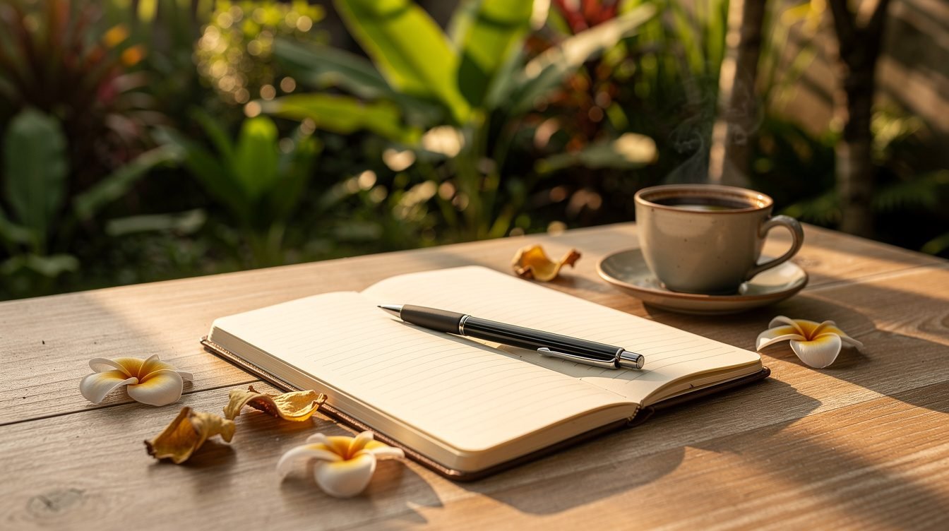 Open notebook with tropical plants and Balinese coffee