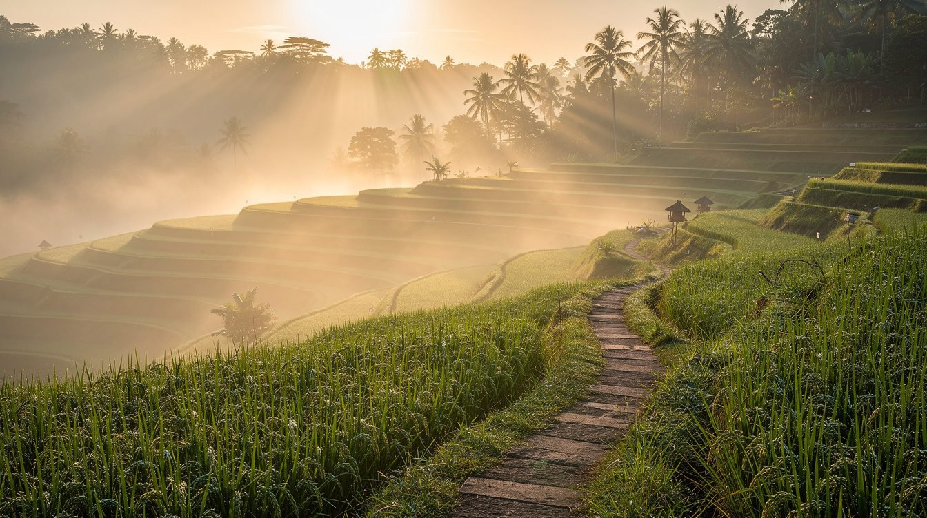 Ubud rice terraces morning mist