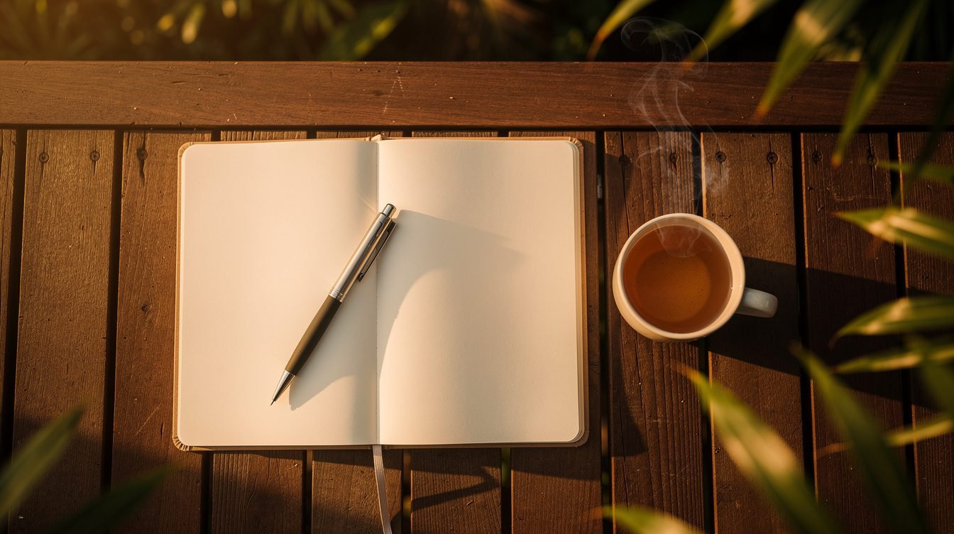 Notebook on villa deck with tropical leaves