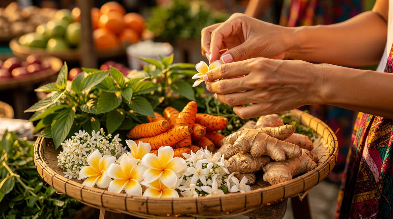 choosing spa ingredients tropical flowers herbs Ubud market