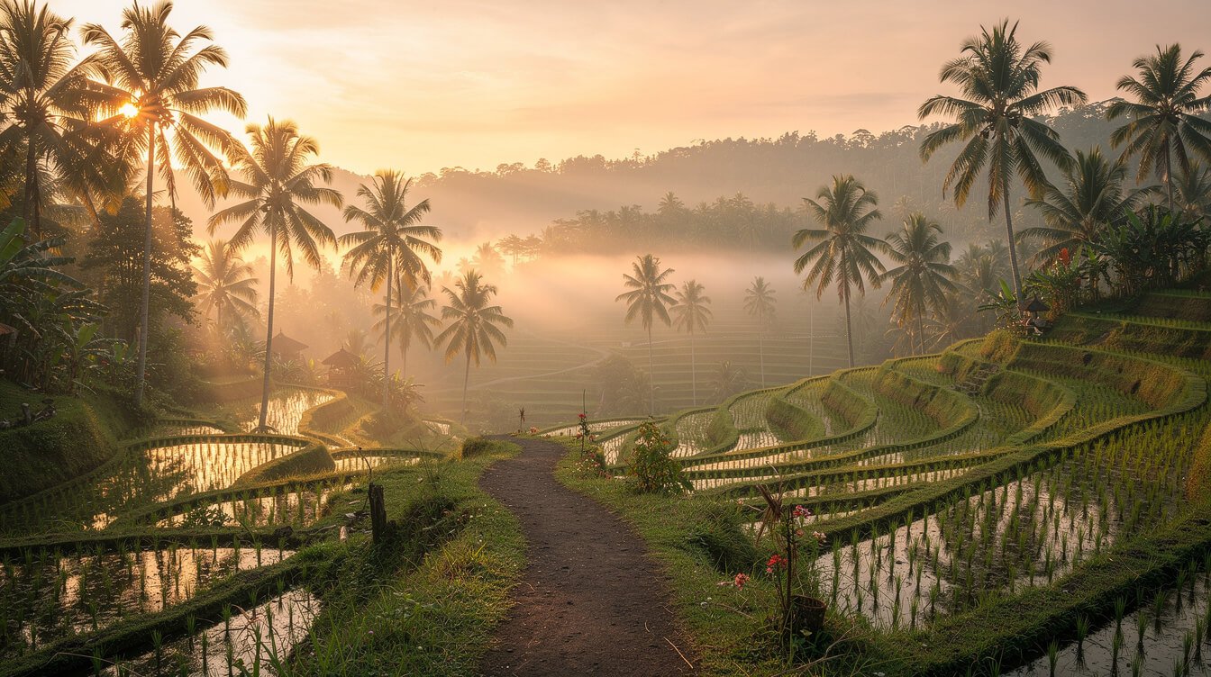 Ubud rice terraces sunrise morning mist