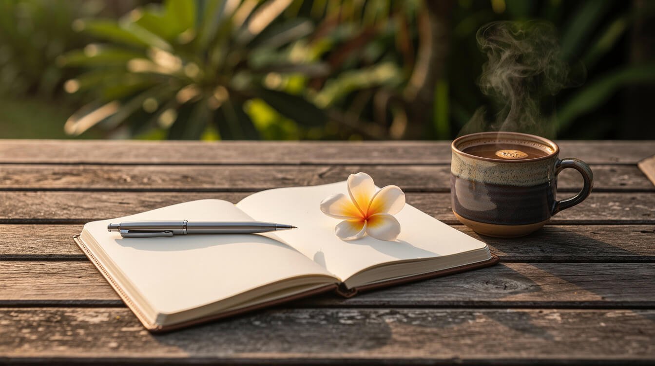 Open notebook on deck with tropical leaves Bali