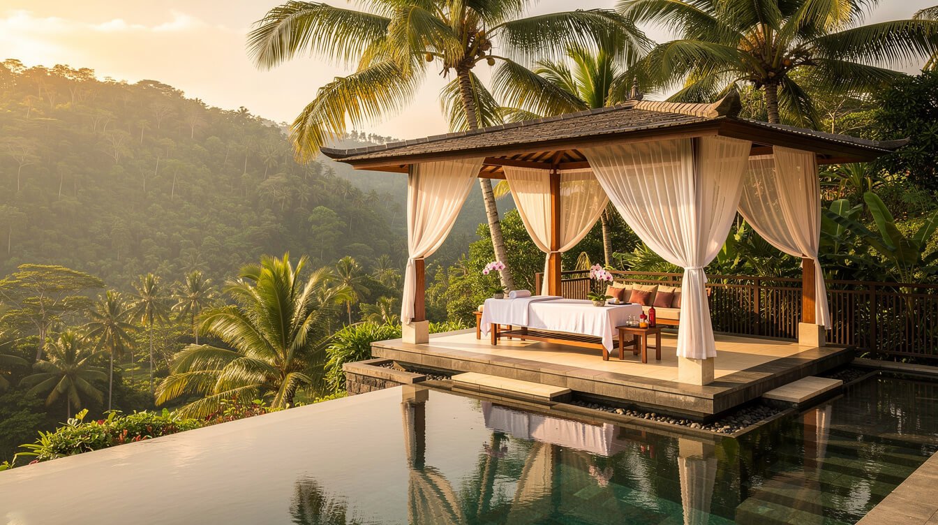 luxury resort spa pavilion in Ubud Bali overlooking valley
