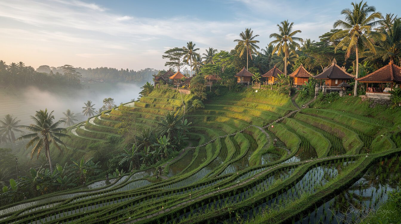 Panoramic Ubud rice terraces and village landscape