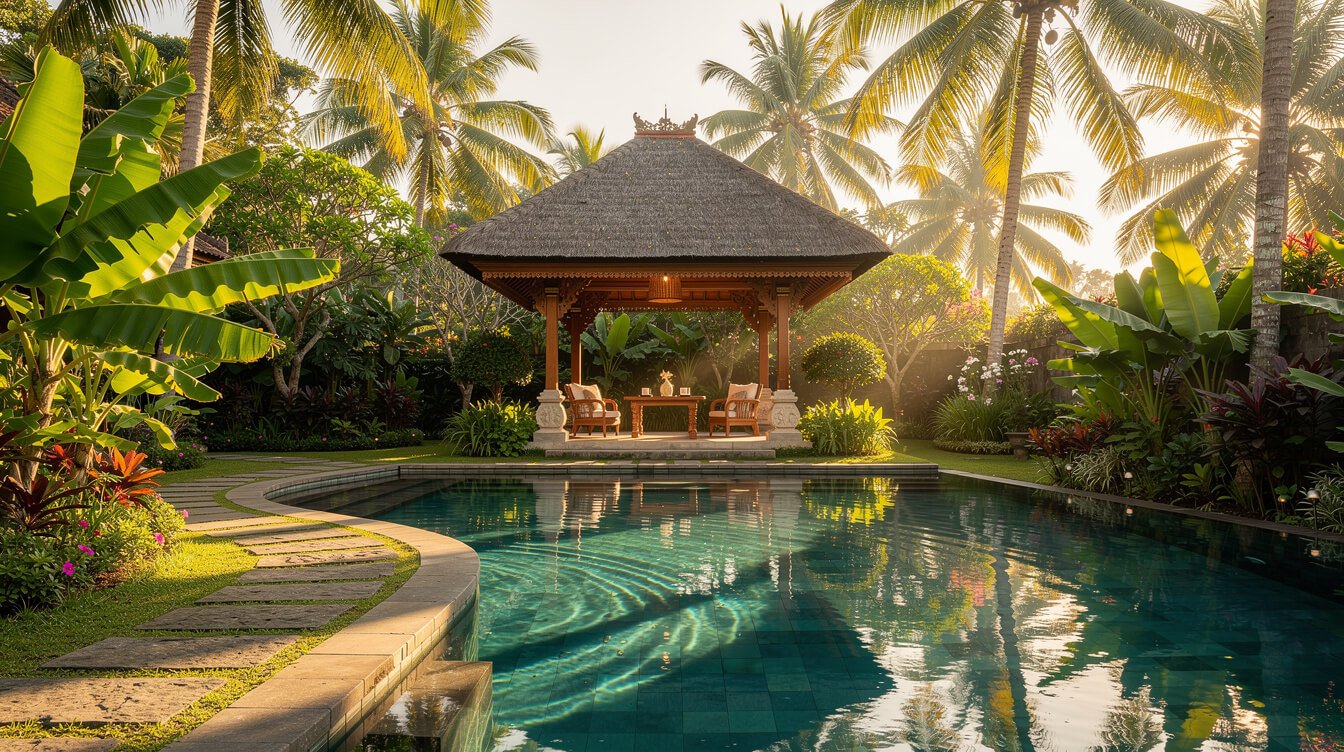 Ubud pool villa with open-air pavilion and garden
