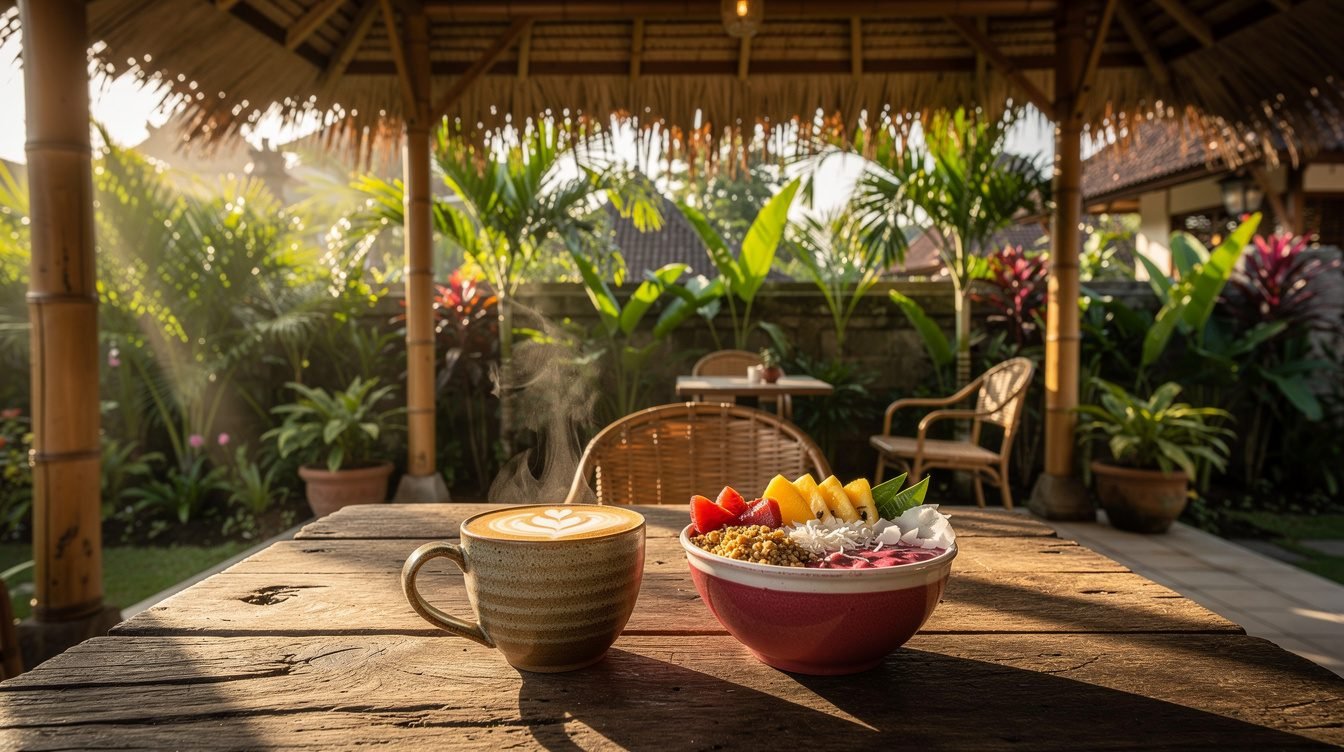 morning cafe scene in Ubud with smoothie bowl and coffee