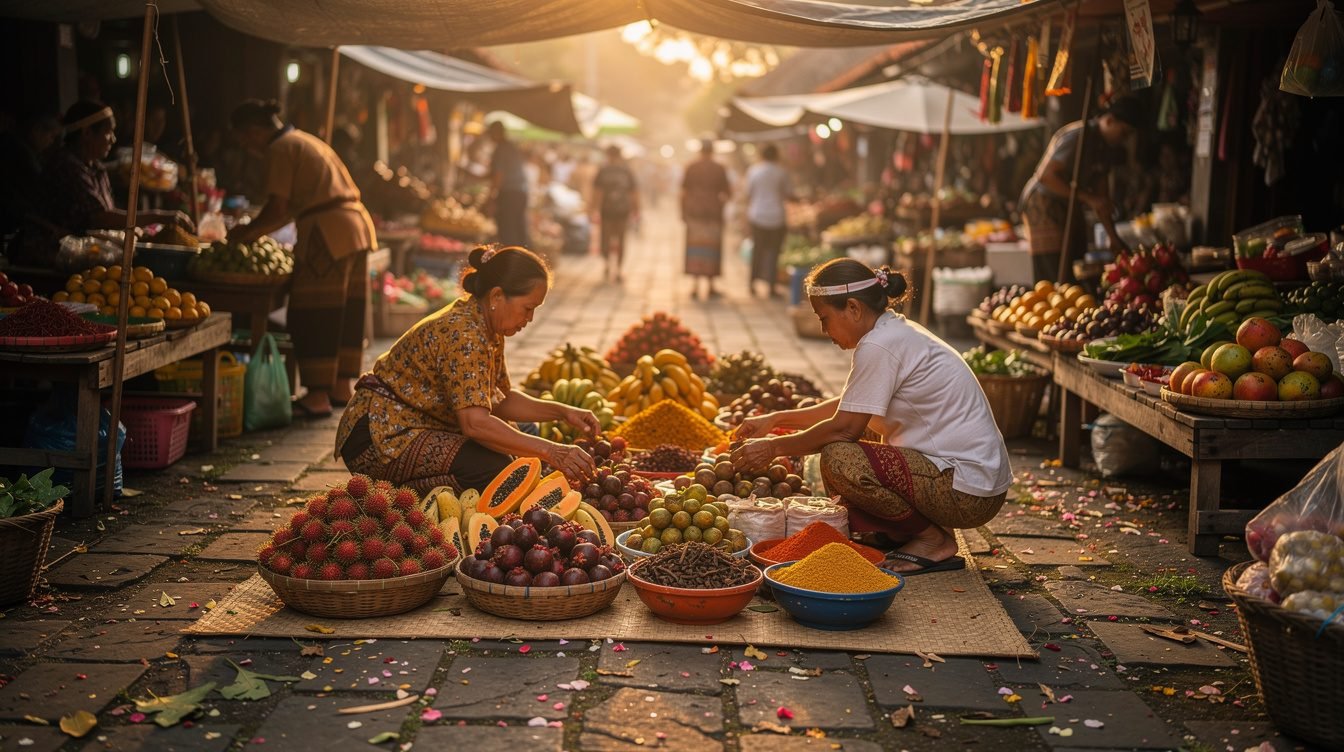 Ubud morning market with tropical fruits and spices