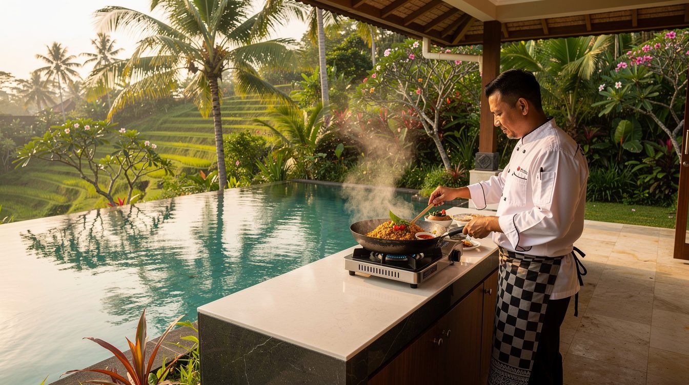 private chef cooking at a villa pool deck in Ubud