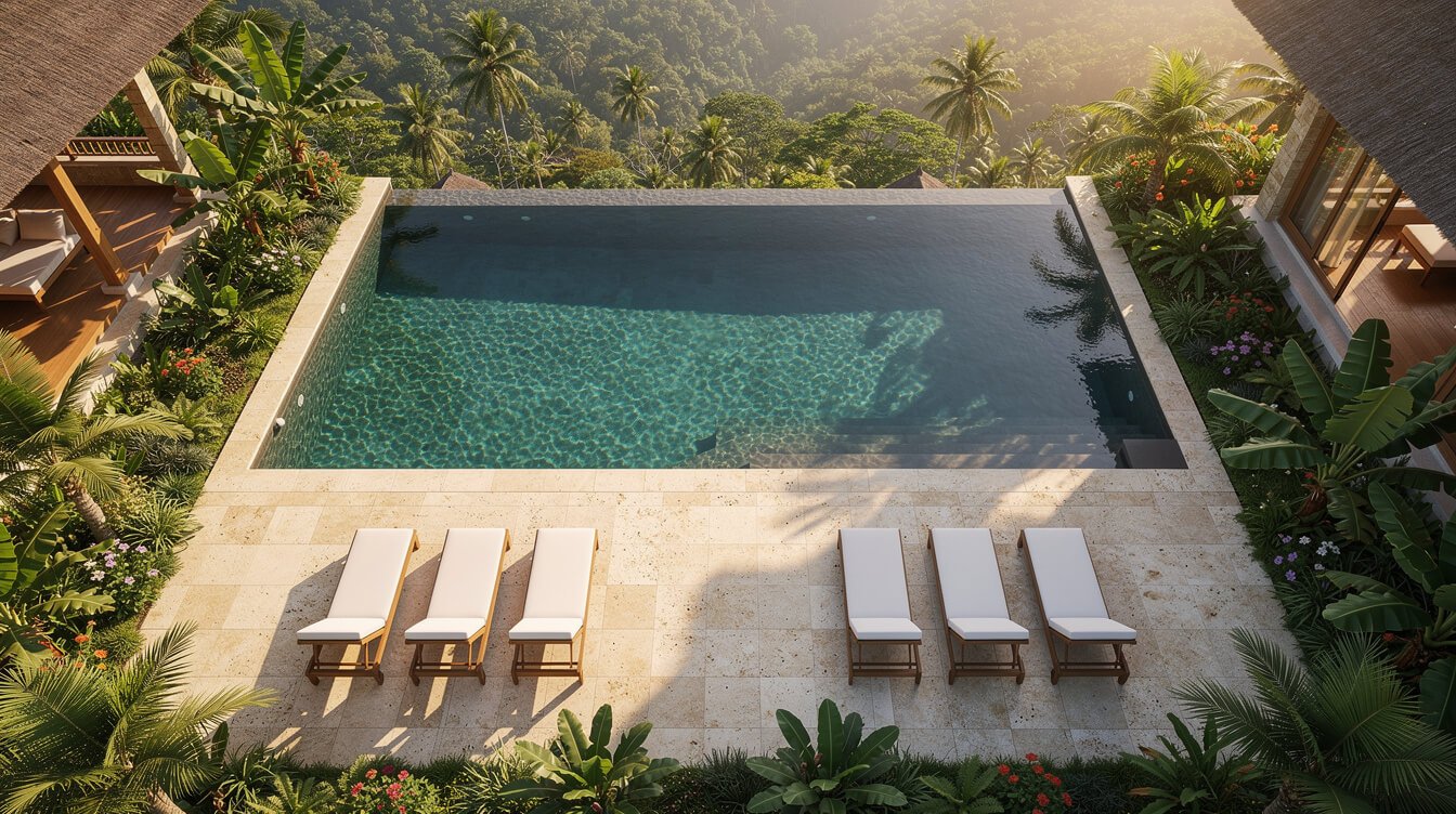 Infinity edge pool in tropical Bali villa garden