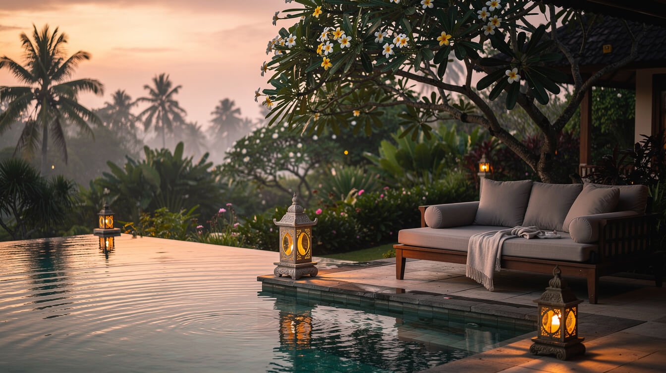 Sunset golden hour at Ubud villa pool
