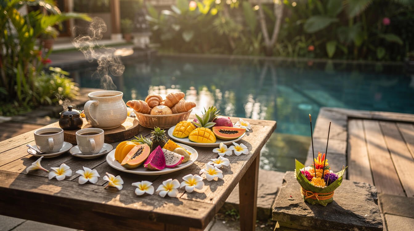 Balinese villa breakfast spread on pool deck