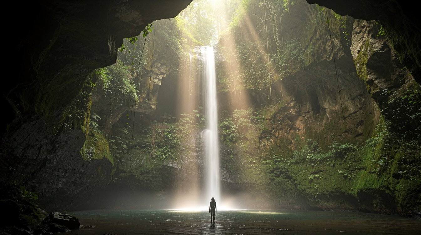cave waterfall near Ubud Bali with light rays