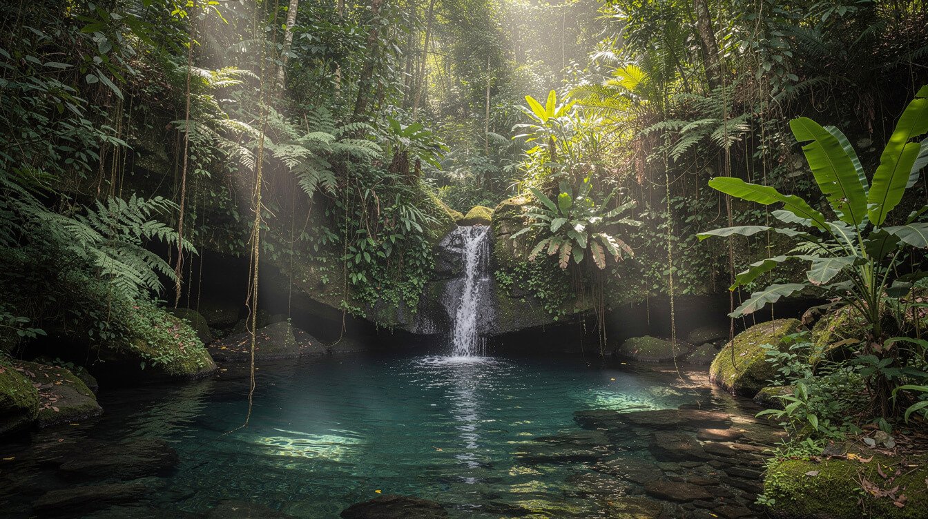 quiet hidden waterfall swimming pool in Bali jungle