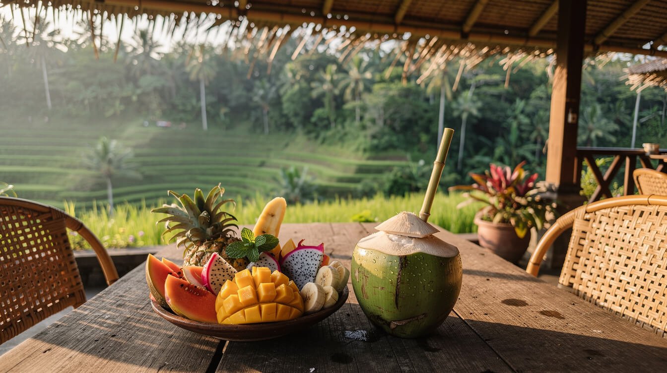 Balinese warung restaurant overlooking rice terraces after waterfall trip