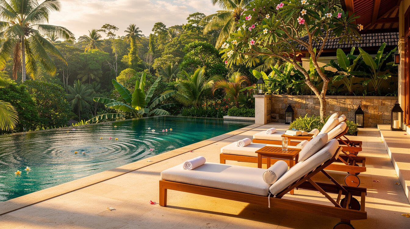 Private pool deck at a Bali villa surrounded by tropical garden — book your wellness retreat stay