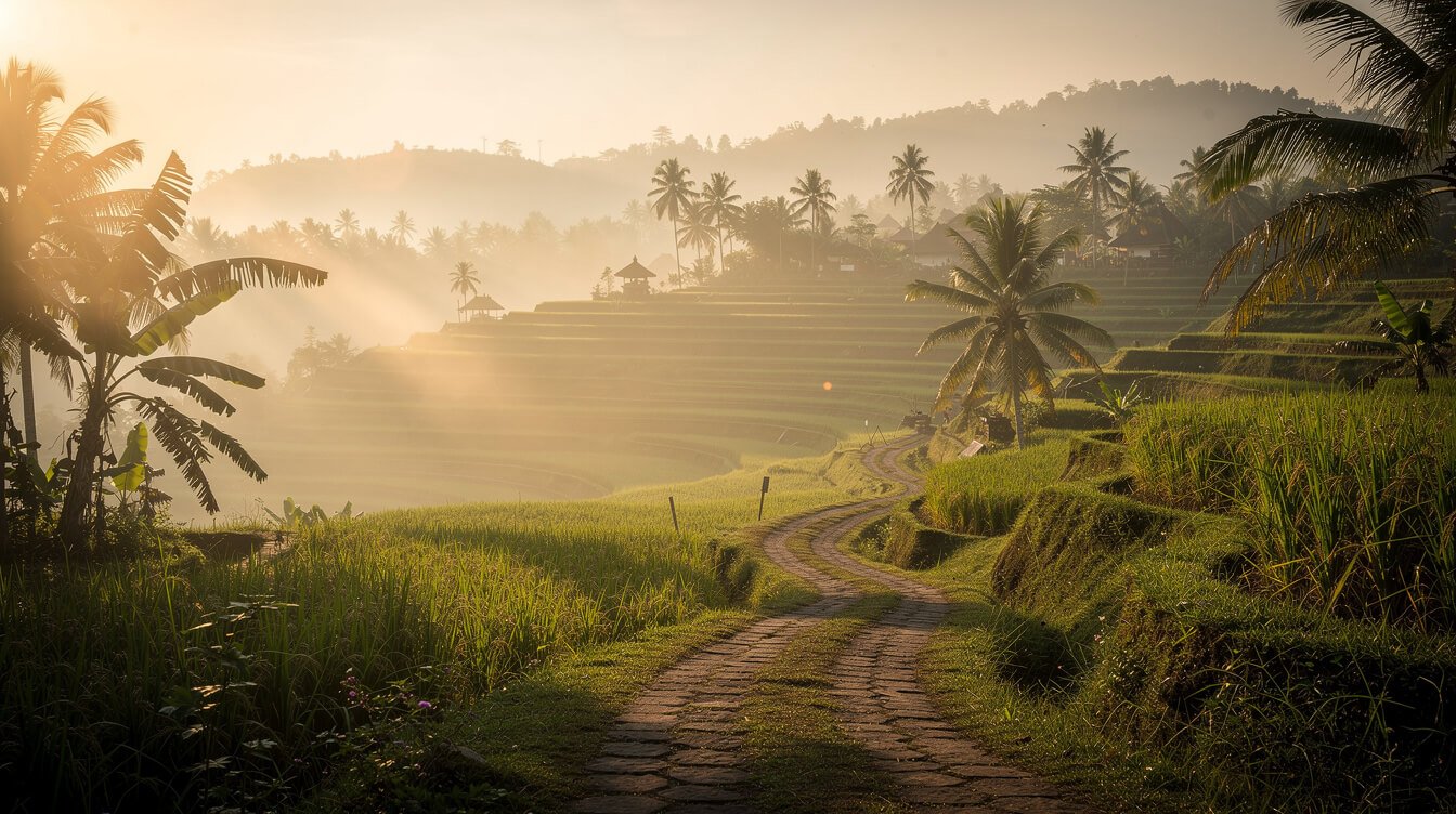 Misty Ubud rice terraces at dawn with a winding path — get your free sample itinerary
