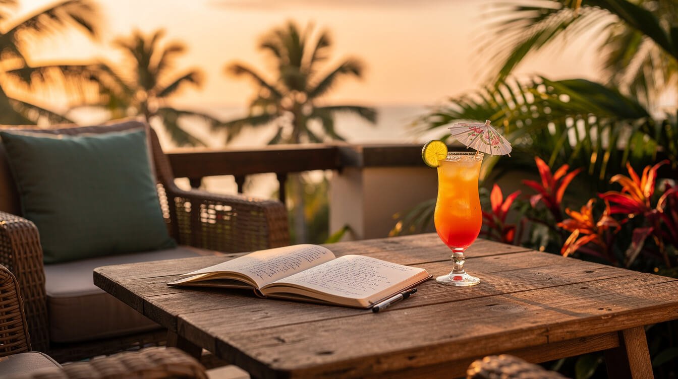 Sunset moment on a Bali villa deck with notebook and tropical cocktail — join the Villa Amrita newsletter