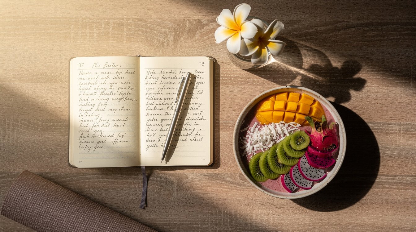 Morning wellness routine flat lay with journal, smoothie bowl, and frangipani in Bali