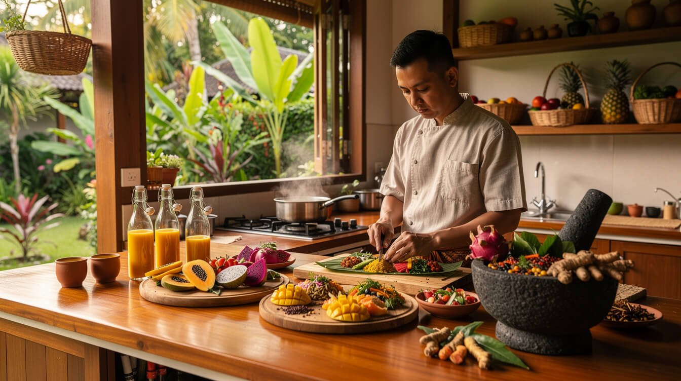 Balinese private chef preparing colorful wellness meals with fresh tropical ingredients