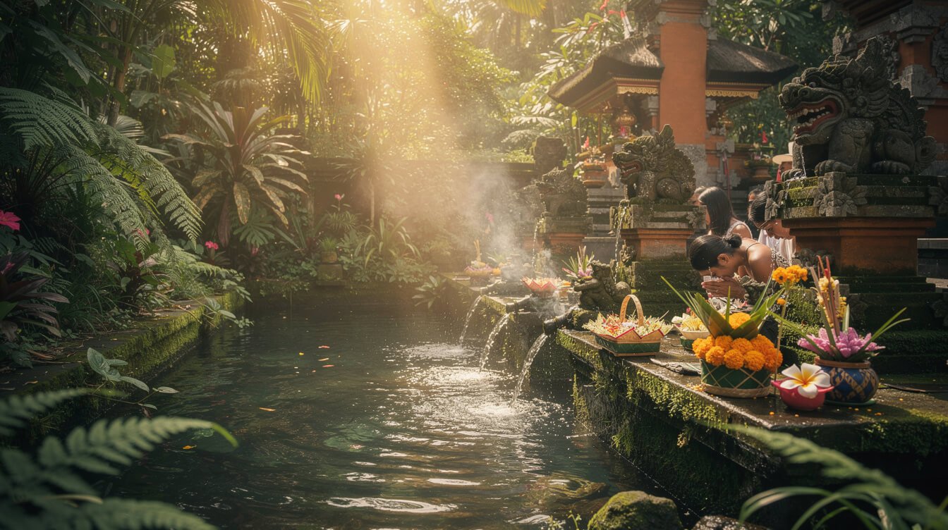 Sacred water purification ceremony at a Balinese spring temple with tropical ferns and warm light