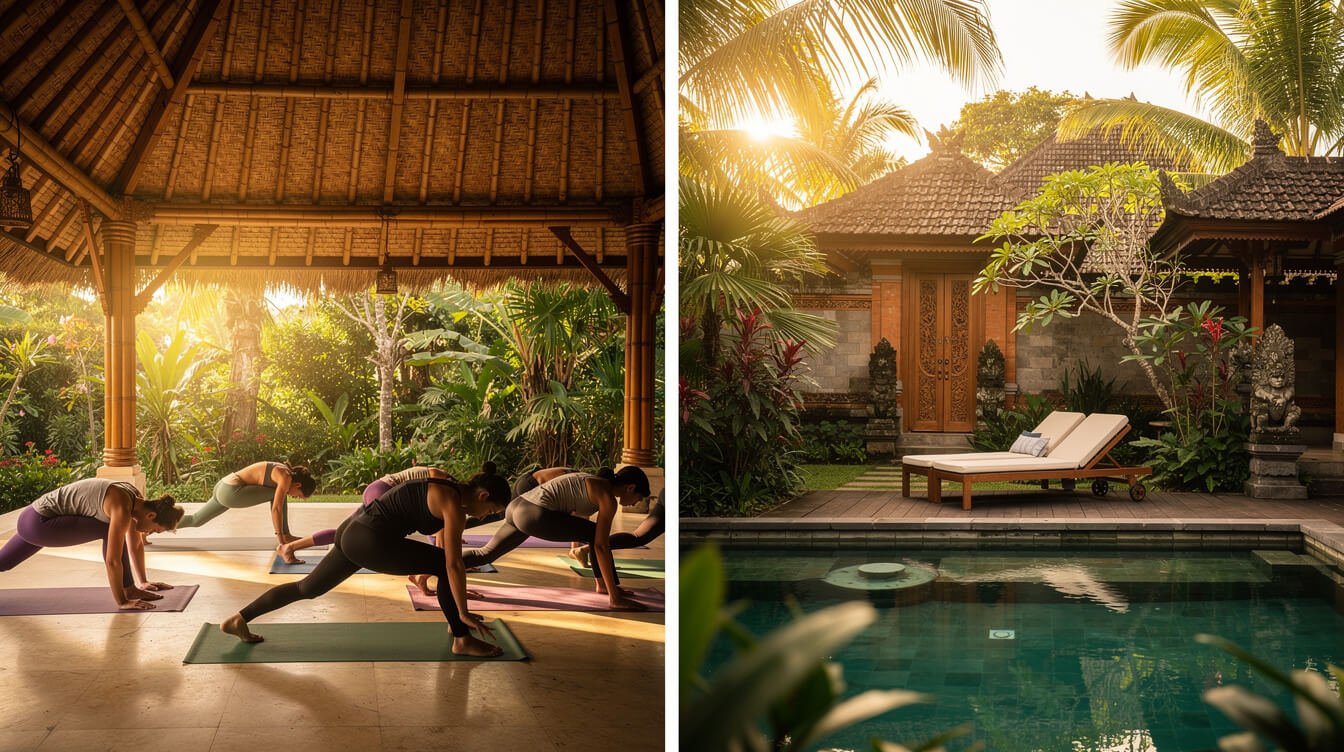 Ubud wellness options showing open-air yoga pavilion and private garden pool