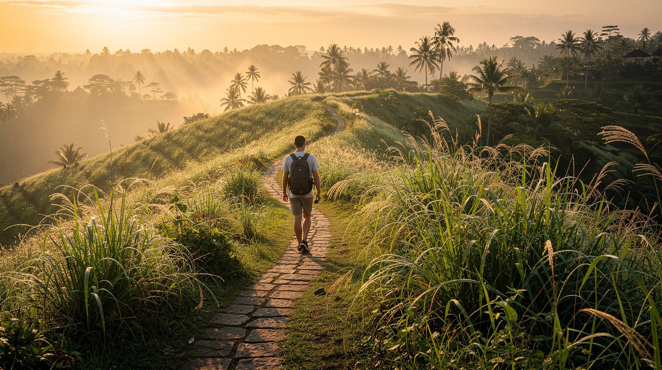 Person walking along Campuhan Ridge in Ubud at sunrise with golden light and swaying grass