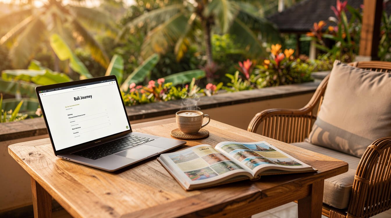 Relaxed travel planning on a Bali villa terrace with laptop, coffee, and tropical garden