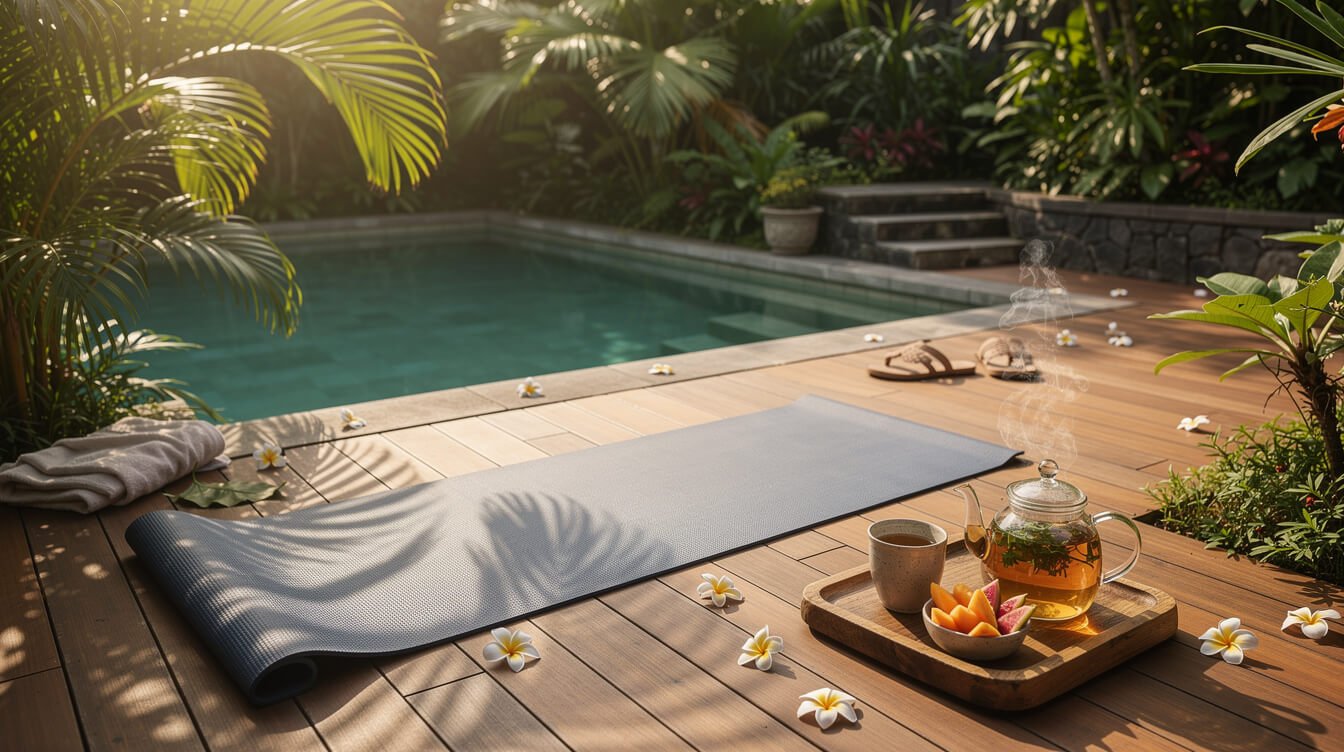 Private villa wellness scene with yoga mat on tropical garden deck beside a pool in Bali