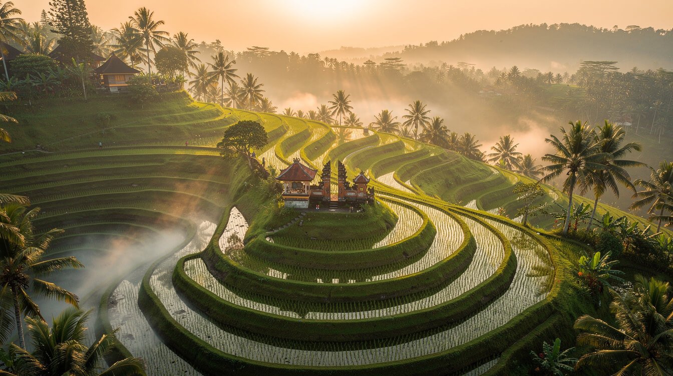 Ubud rice terraces at dawn with morning mist and golden sunrise light