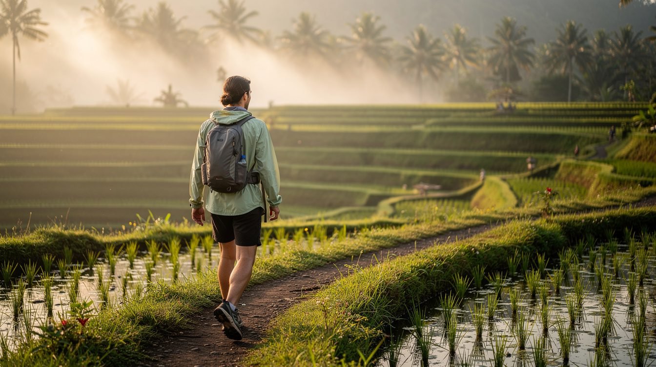 Trekking through Ubud rice terraces with daypack