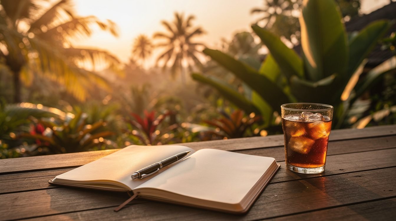 Sunset deck with notebook and tropical garden